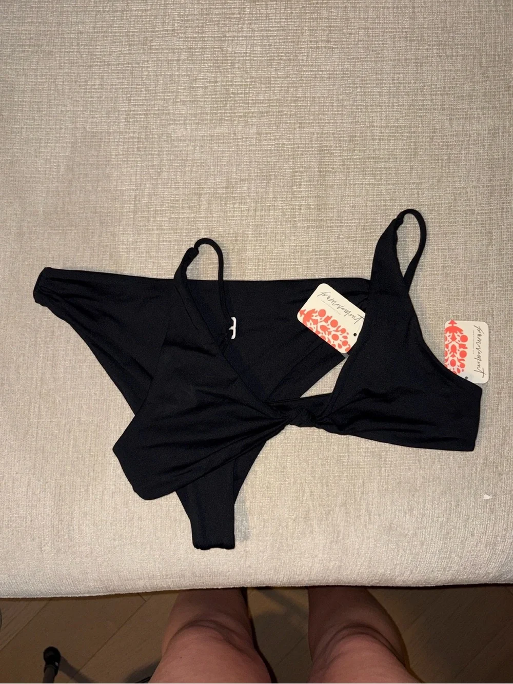 FP Toast Swim Bikini Set Knot Top Cinch High-Waisted Bottoms Black Small NWT NEW